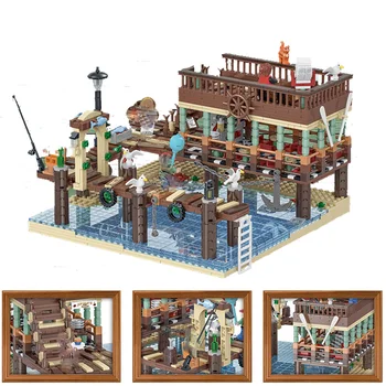

30101 City creator expert street view buildings Fish House Pier set blocks city figures Fishermen Assemble toys for children