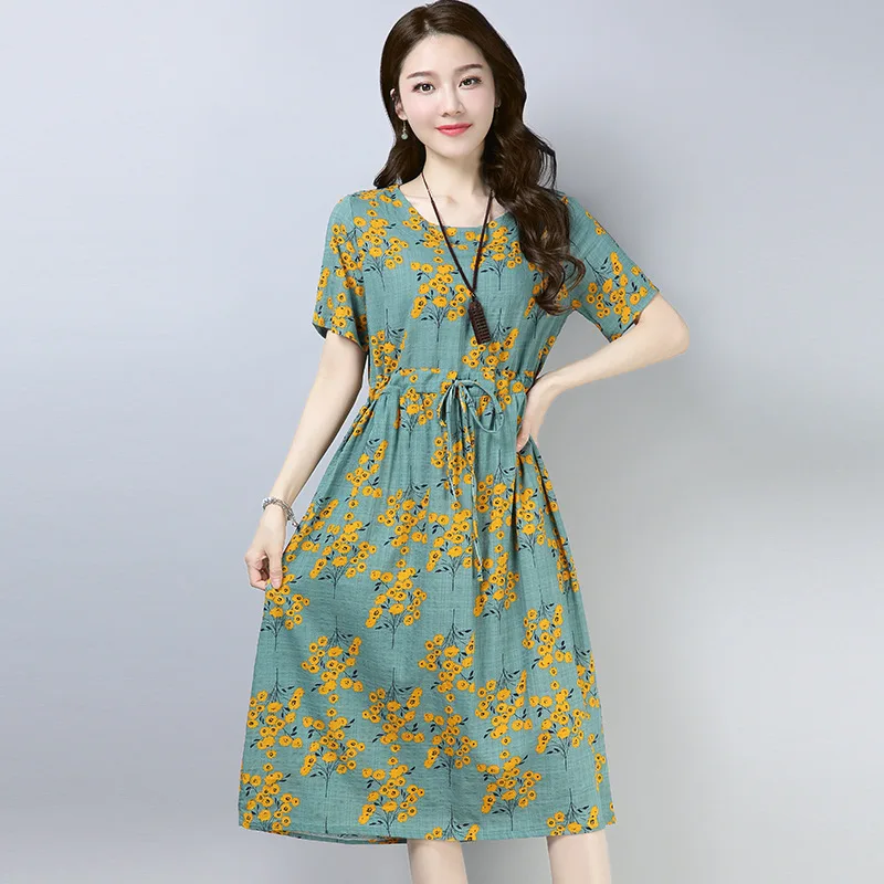 

2019 New Style Cotton Linen Mid-length Drawstring Printed Waist Hugging Slimming Floral-Print Short-sleeve Dress Women's