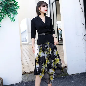 

Summer 2020 trend capable professional OL temperament stitching printed dress waist slim skirt