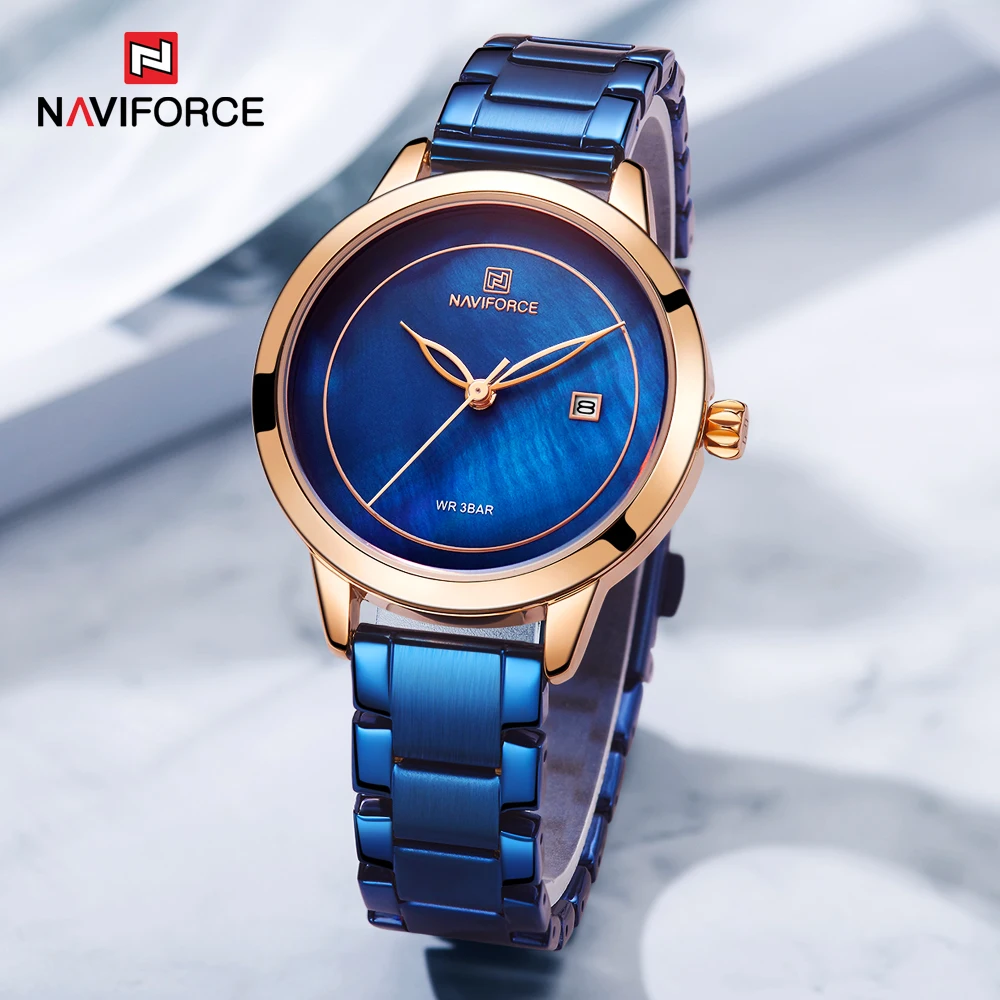 NAVIFORCE синие кварцевые женские часы лучший бренд Роскошные наручные часы Женская мода оболочки циферблат наручные часы с отметкой даты леди подарок часы