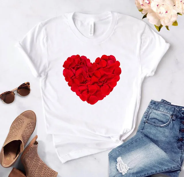 Heart flower print ladies T-shirt ladies casual basis O-collar white shirt short sleeve ladies T-shirt love graphic printing 19851