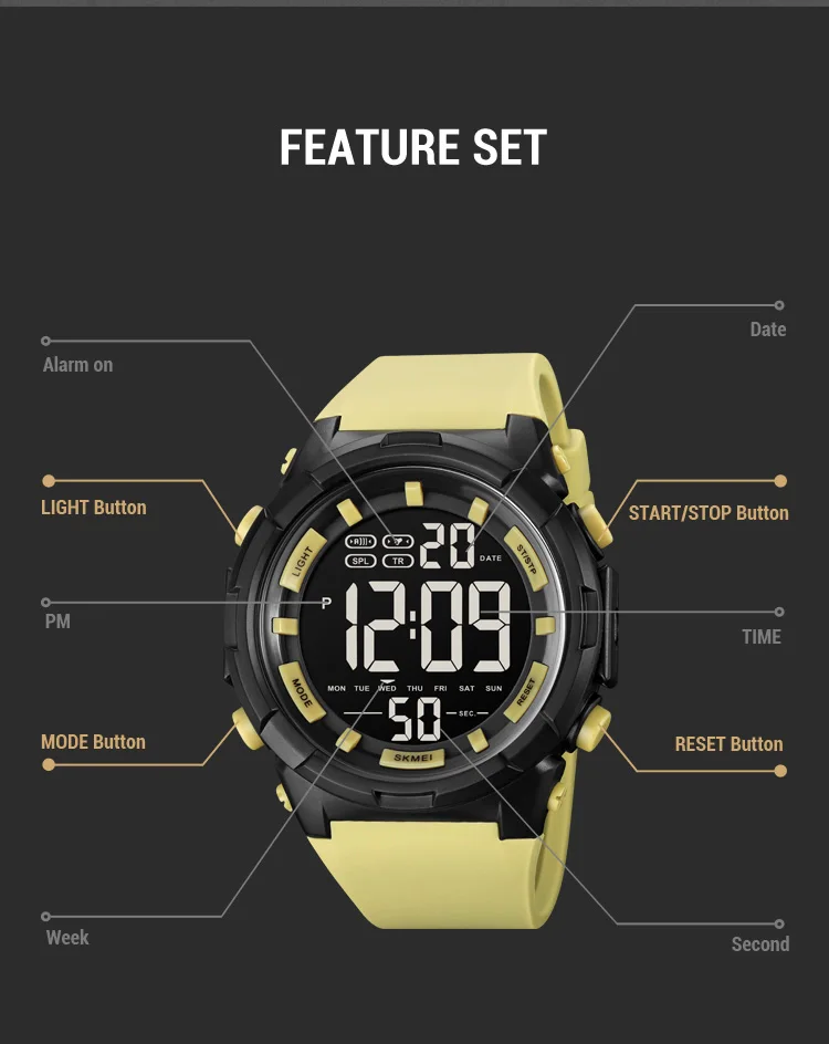 SKMEI LED Light Sports Watches Mens Countdown 2 Time Digital Wristwatch Alarm Date Clock 5Ba Waterproof Relogio Masculino 1845