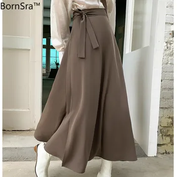 

BornSra Casual Soft One-piece Women Skirts Lace Up High Waist Female A-line Skirt Mid-length 2020 Spring Summer
