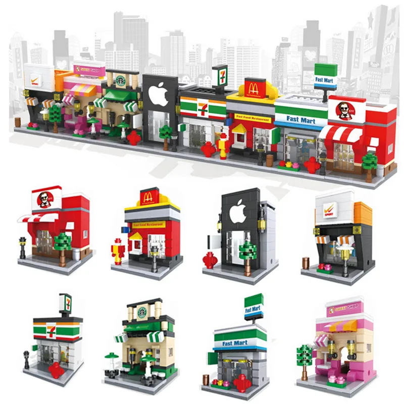 

3D Mini City Street Retail Store Cafe Apple Mini Shop Educational Compatible Legoinglys Model Building Blocks Toys for Children