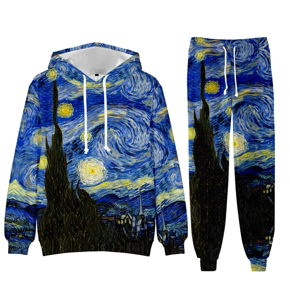 Brand Men Tracksuit 2 Piece Hoodie Pants Starry Sky Oil Painting Mens Sweat Suit Set 3D Print Plus Size Jogger Sets Men Clothing