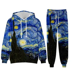 Brand Men Tracksuit 2 Piece Hoodie Pants Starry Sky Oil Painting Mens Sweat Suit Set 3D Print Plus Size Jogger Sets Men Clothing