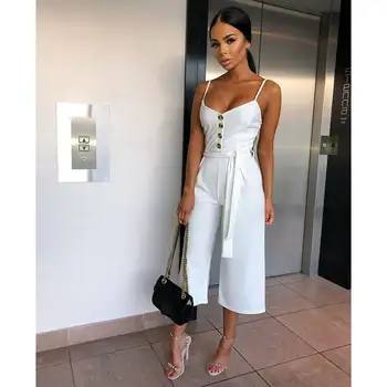 

Sexy Jumpsuit Women Ladies V-Neck Evening Strappy Playsuit Romper Button Loose Wide Leg Jumpsuits For Women Rompers