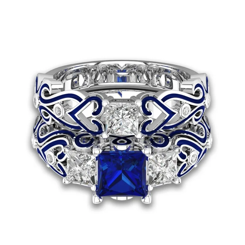 Изысканное циркониевое обручальное кольцо два в одном элегантное не-аллергическое уникальное посеребренное многоцветное квадратное хрустальное кольцо