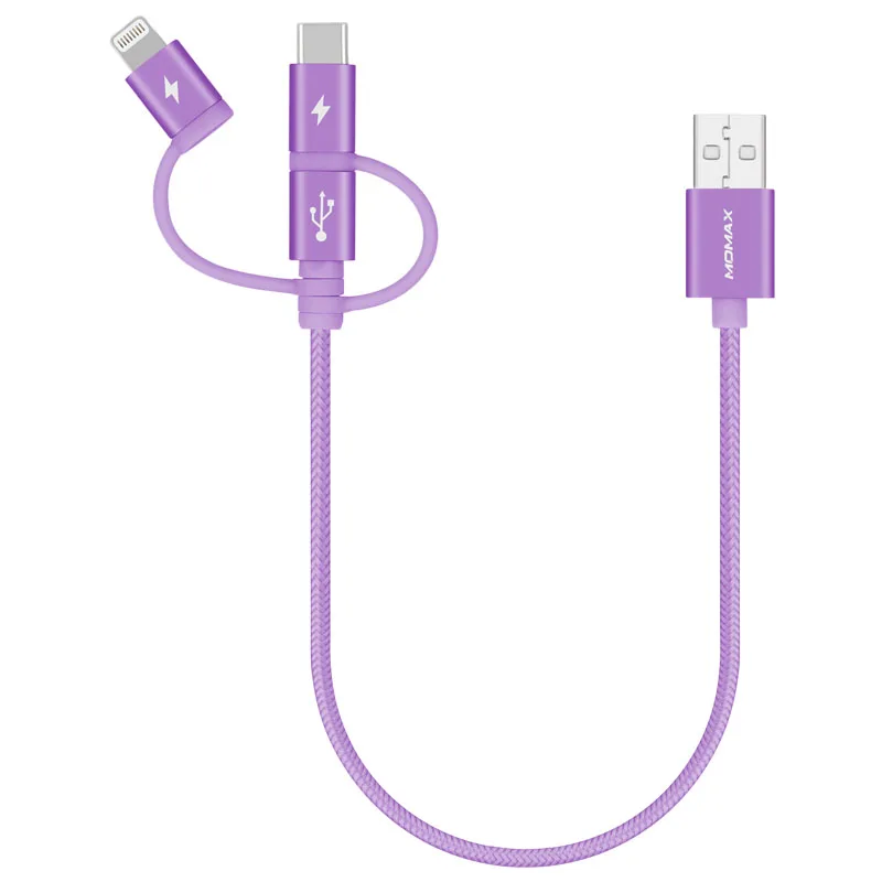 Кабель 3 в 1 Momax DX2 elite(Micro через lightning через USB c-30cm) Сертификация MFI apple три вида интерфейса Быстрая зарядка - Цвет: purple