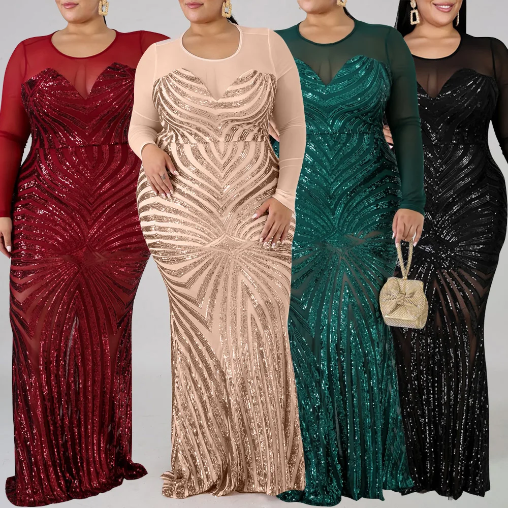 

5XL Plus Size Women Mesh & Sequined Elegant Long Sleeve Dress Vintage Stitching Floor-Length Party Evening Dress Classic D30