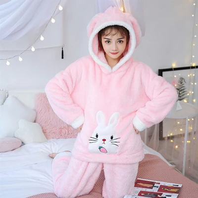 Turnip rabbit Осень-зима Для женщин Фланелевые пижамы комплект с капюшоном «Медведь», детские пижамы, одежда для сна из кораллового флиса утолщенная теплая Пижама; домашняя одежда - Цвет: Turnip rabbit