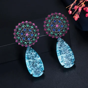 

LUALA Broken Ice Blue Cubic Zirconia Luxury Elegant Round Flower Drop Earrings for Women Vintage Wedding Prom Jewelry