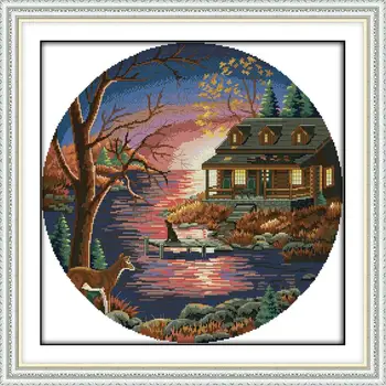

Sunset lakeside villa scenic painting cross stitch kit 14ct 11ct circular pattern embroidery set DIY handmade needlework crafts