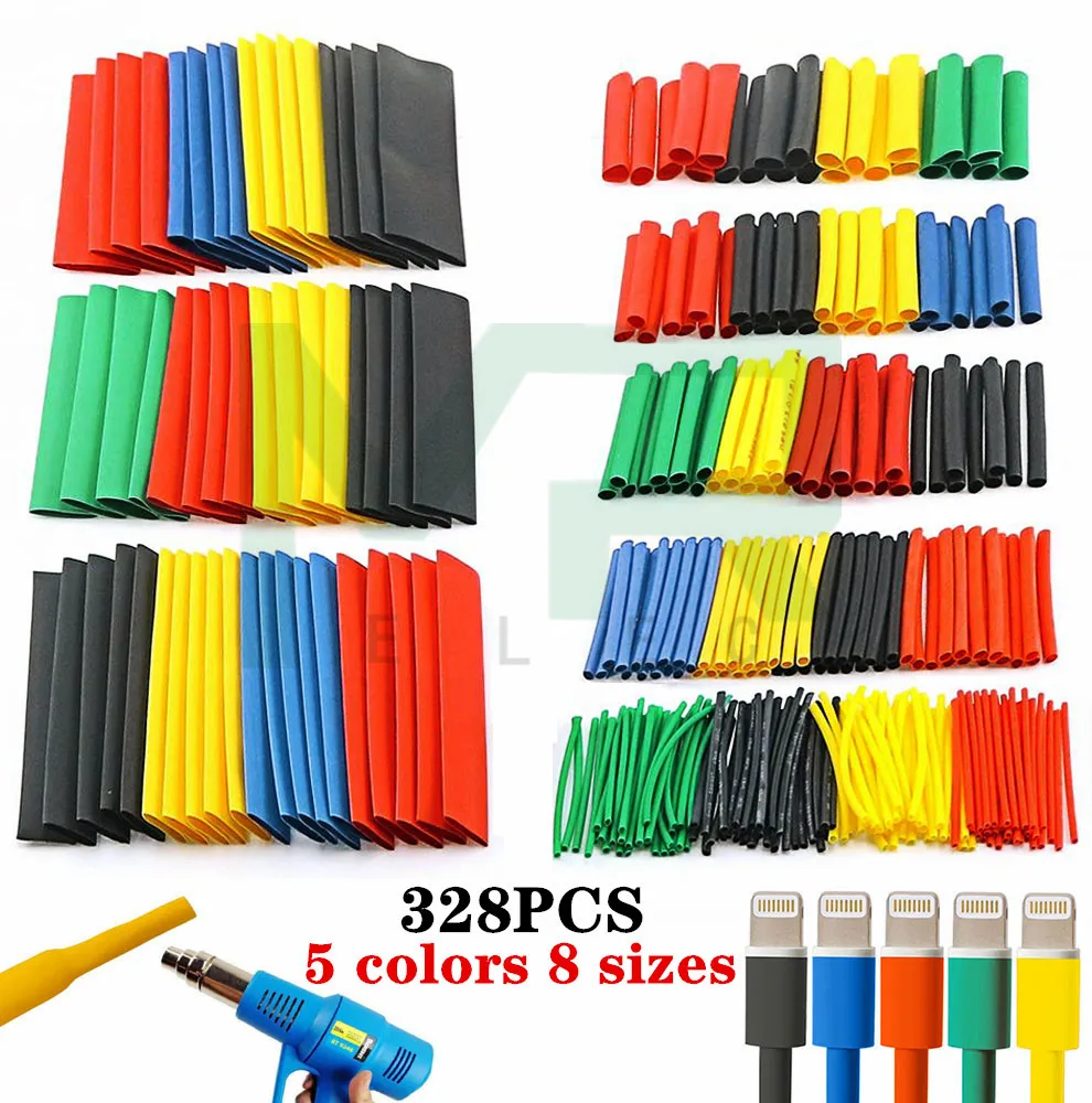 

328PCS/lot Heat Shrinkable tube 5 colors 8 sizes Shrink Assortment Polyolefin Ratio 2:1 Wrap Wire Cable Sleeve Kit