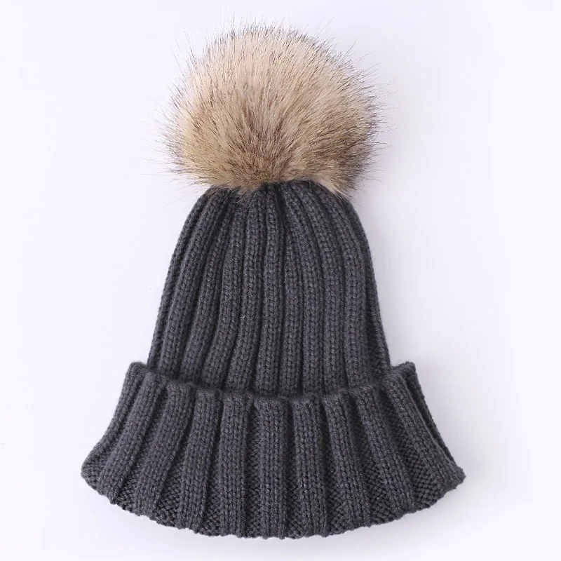 Зимняя вязаная детская шапка из искусственного меха с помпонами, уличная теплая плотная Лыжная шапка для детей, одноцветная мягкая шапка высокого качества - Цвет: B