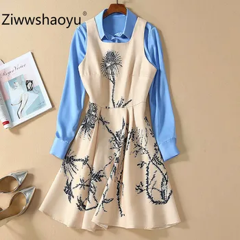 

Ziwwshaoyu Spring Summer High Quality Two Piece Set Long Sleeve Blue Blouse + Linen Print Tank Mini Dress Twinset Women's