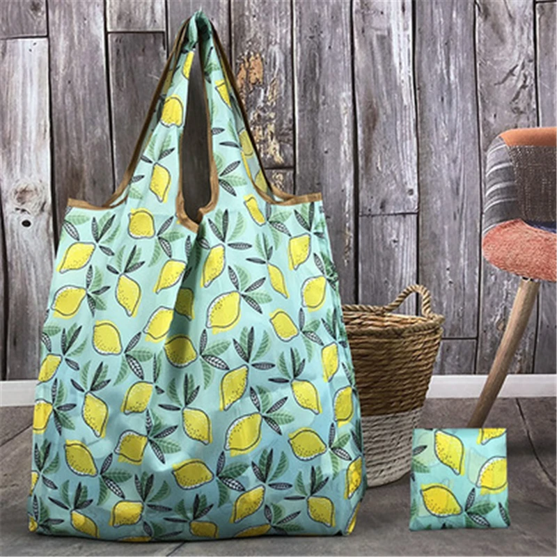 

Green lemon Oxford Foldable Recycle Vegetable Cartoon Eco Grocery Reusable Tote Bag Shopping Pocket Floral Fruit Bag Shopping