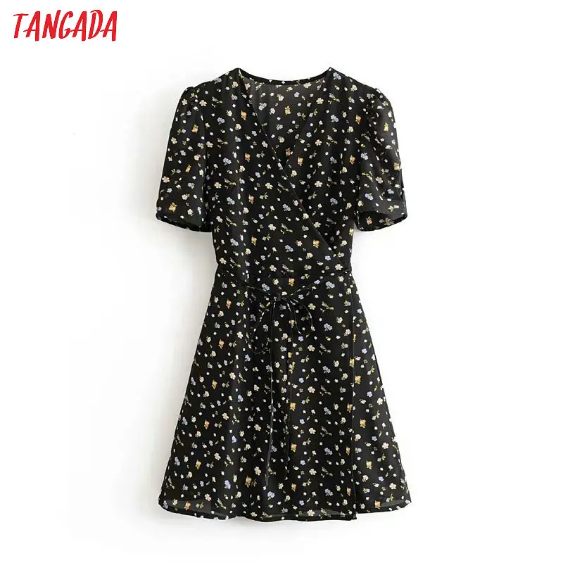 

Tangada fashion women flowers print black dress for summer v neck Long Sleeve Ladies slash chiffon mini Dress Vestidos 3D05