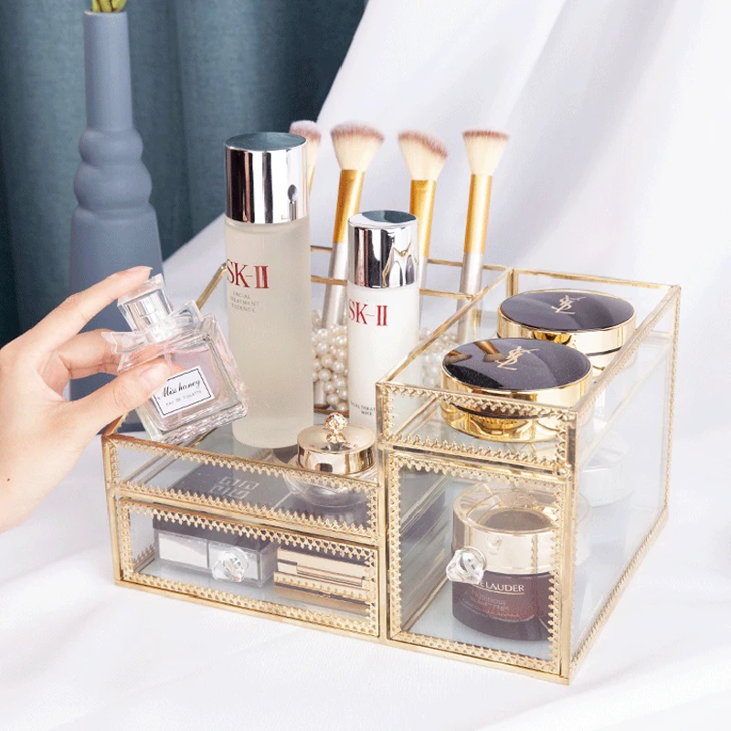 

New Arrival Gold Glass Clear Makeup Perfume Lipstick Cosmetic Storage Display Box Desk Finishing Holder Makeup Organizer Boxes