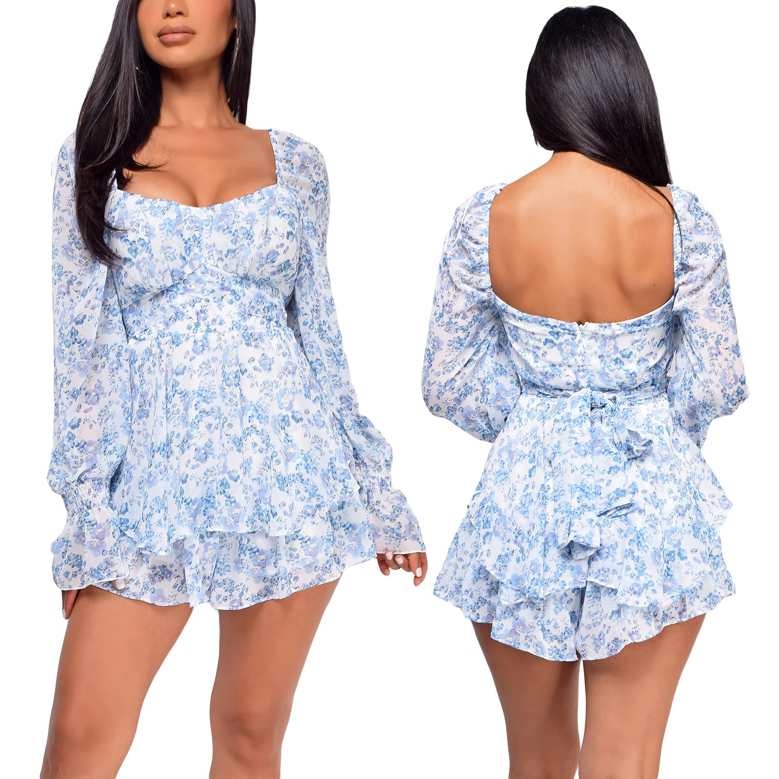Women’s Sexy Square Collar Backless Jumpsuit Flower Bandage High Waist Long Sleeve Playsuit 2021 New Fashion