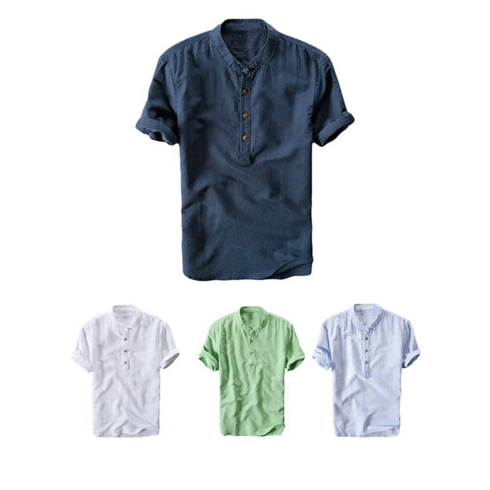 

2019 New Summer Thin Cotton Linen Shirt Brand Shirt Men Short Sleeve Loose Male Fashion Solid Color Trend O-Neck Tees Tops Navy