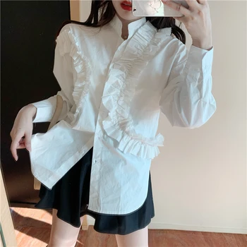 

2020 Spring New Pleated Ruffle Lace Splicing Long Sleeve Shirt Loose Blouse Woman Medium Long Shirt Lady Blusas Tops