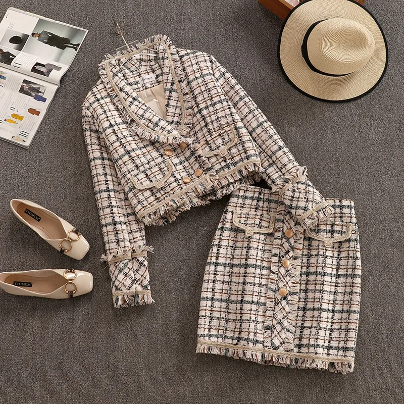 

2020 Autumn Winter Fashion 2 Piece Set Women Long Sleeve Tweed Wool Jacket Coat+Mini Wool Skirt Set Ladies Vintage Clothing Sets
