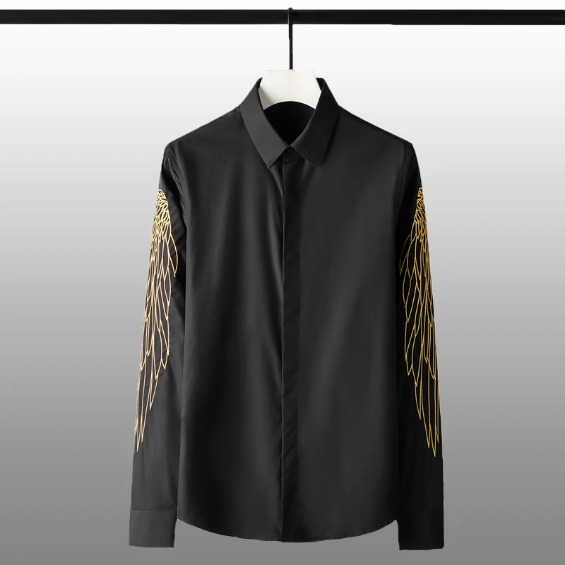 

Cotton Luxury Golden Wing 3d Embroidery Long Sleeve Mens Dress Fashion Slim Male Shirts Plus Size 4XL