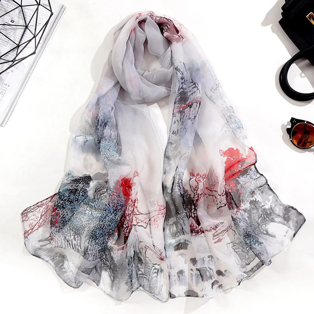 Осенний зимний модный женский длинный мягкий шарф-шаль из шифона шарф с пейзажным принтом шарфы дышащие шали#928