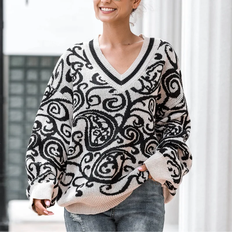 

Casual Women Oversized Knitted Sweater Autumn Winter V Neck Lantern Sleeve Print Loose Ladies Sweaters Pullovers Clothing
