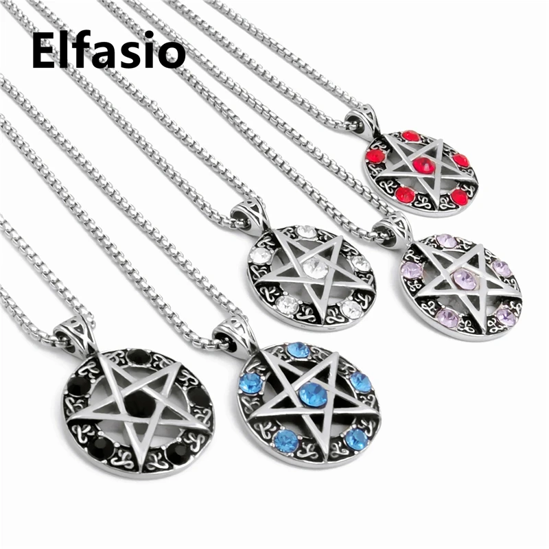 

Elfasio Celtic Wicca Pentagram Star Men Women Stainless Steel Necklace Blue/Red/Black/White/Purple Amulet Pendant Chain