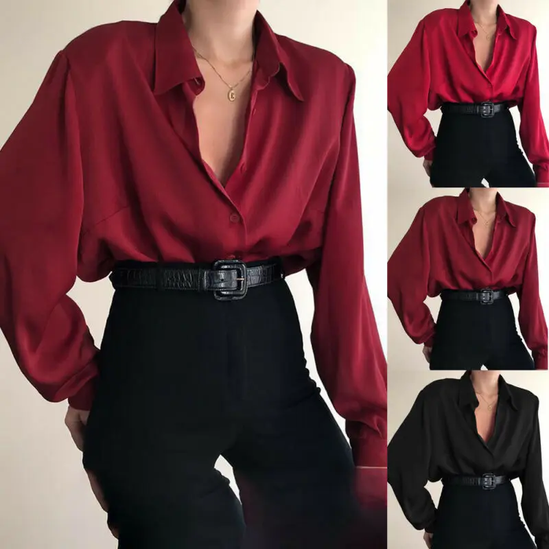 

Women Long Sleeve Button Down Shirt Solid Color Turn Down Collar Loose Blouses Office Lady Shirts Spring Autumn Baggy Tops