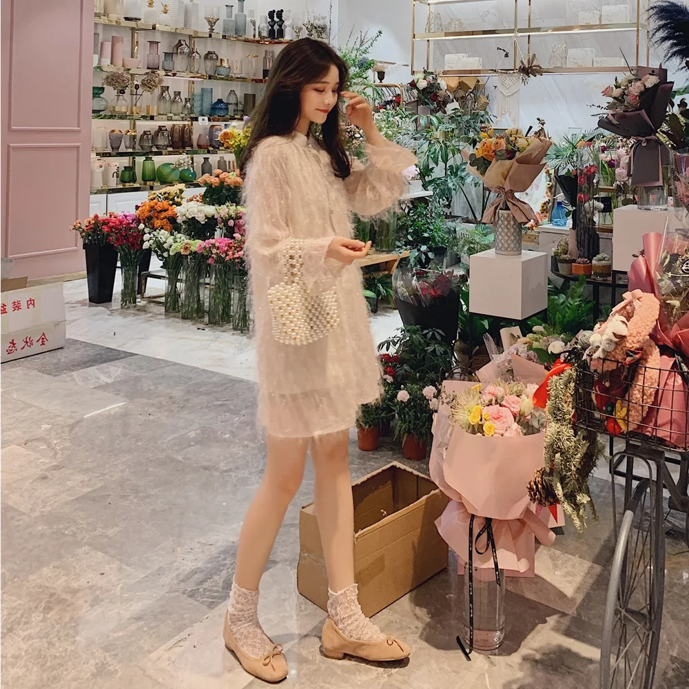 

INS Fairy Skirt Women's 2019 Spring New Style Retro CHIC Wind Mid-length Tassels Shirt Dress Feather Dress