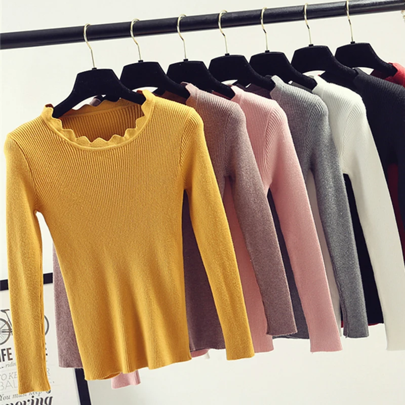 

gkfnmt Women Sweater 2019 Fall Winter Clothes Fashion High Elastic Solid Sweater Women Slim Button Knitted Pullovers Pink White