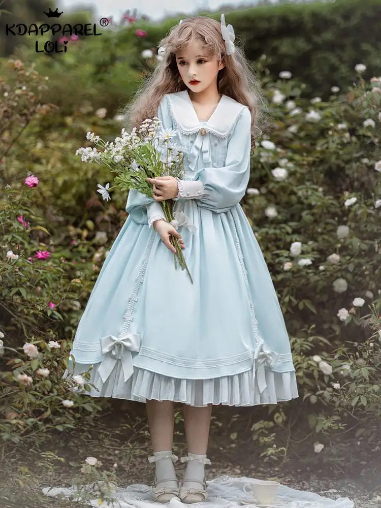 

Sweet Women Long Sleeve OP Dresses Girls Cute Teenage A-Line Ruffle Bows Lace Lantern Sleeves Cosplay Party Spring Autumn Winter