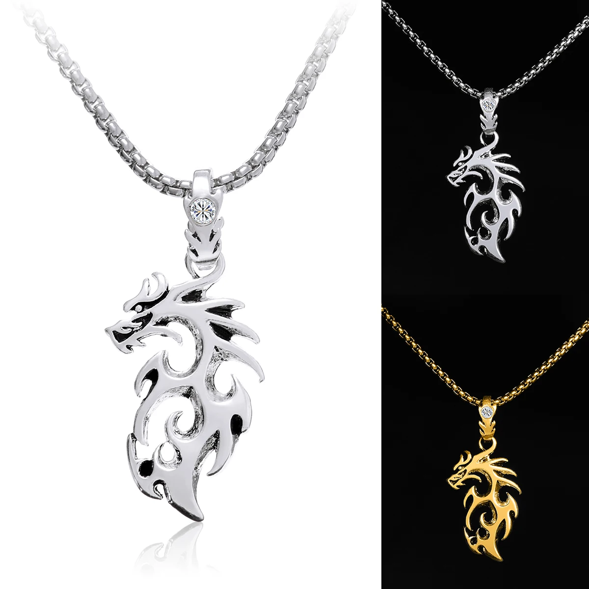 

Punk Dragon Pendant Necklace Shellhad Antique Silver Gold Color Long Chain Neckleace For Men Chinese Style Lucky Jewelry Gift