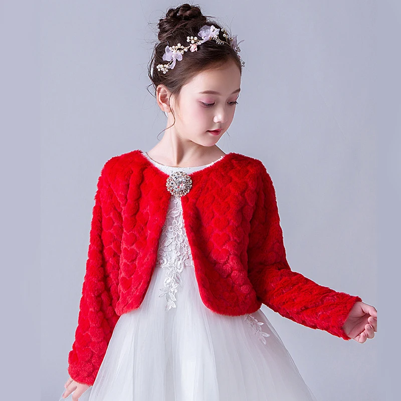 Красная, белая детская куртка из искусственного меха для девочек свадебная накидка для причастия, платье меховое болеро с цветочным узором для девочек, накидка, зимняя куртка, пальто