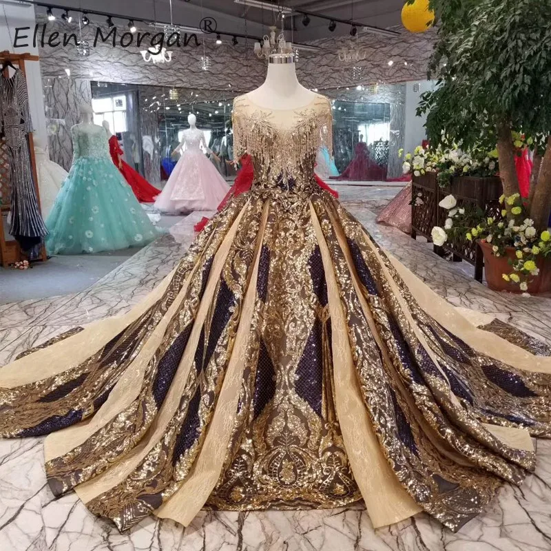Arabic Dubai Luxury Wedding Dress Elegant Boat Neck Beads Sequins Lace Puffy Formal Bride Ball Gowns Vestidos De Novia