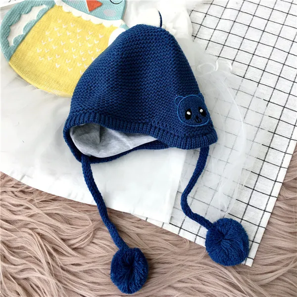 Детские шапочки Skullies Beanies для мальчиков и девочек, зимняя однотонная шапка с мультяшным медведем и помпонами, теплые эластичные модные аксессуары - Color: 3