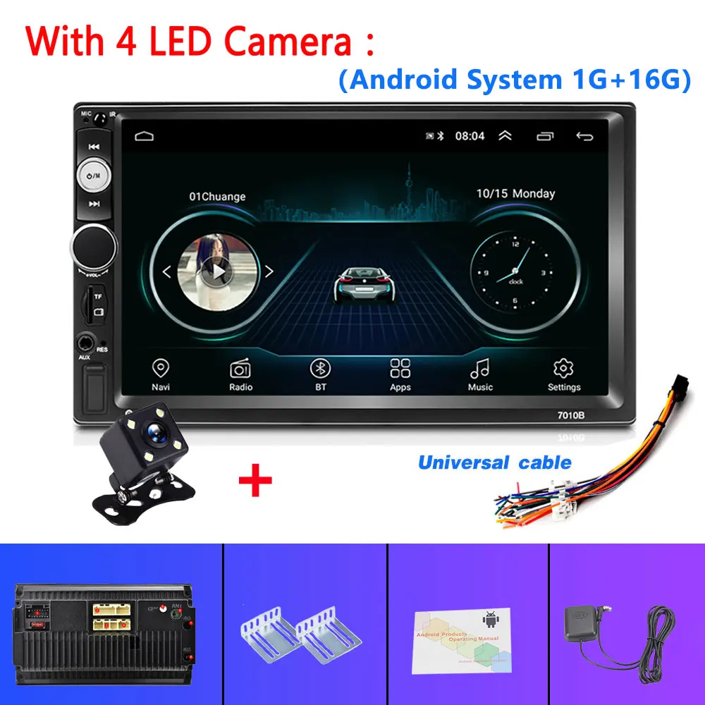 Android 4LED Camera Podofo 2 din автомагнитола " Авторадио сенсорный экран цифровой дисплей Bluetooth/USB/DVR/FM/Mirror link 2din MP5 мультимедийный плеер - Цвет: Android 4LED Camera