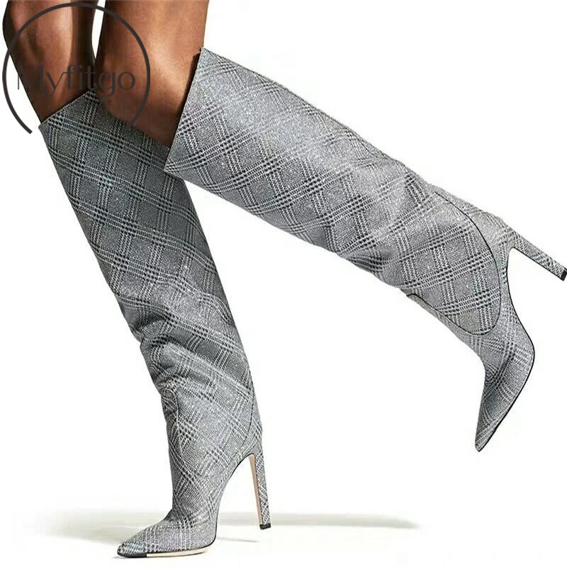 

Myfitgo Large Size 34-43 US Style Women Knee High Boots Pointed Toe 9cm Thin High Heels Ladies Long Booties Winter Rivets Female
