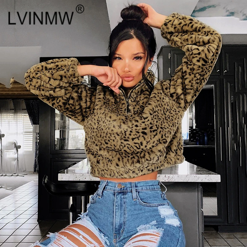 LVINMW Модный укороченный топ с леопардовым принтом из овечьей шерсти на молнии зимний женский сексуальный пуловер с длинным рукавом Женские уличные Топы