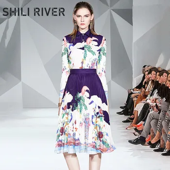 

New spring autumn shirt dress for women a line long sleeve elegant slim floral print pleated button midi dress with collar