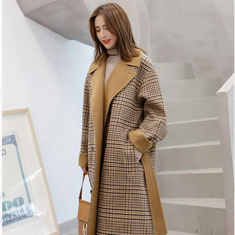 Beste Pak Kraag Plaid Winter Wol Jas Dames Plus Size Chic Herfst Losse Lange Tweed Jas Mode Sjerpen Casaco Feminino f1416