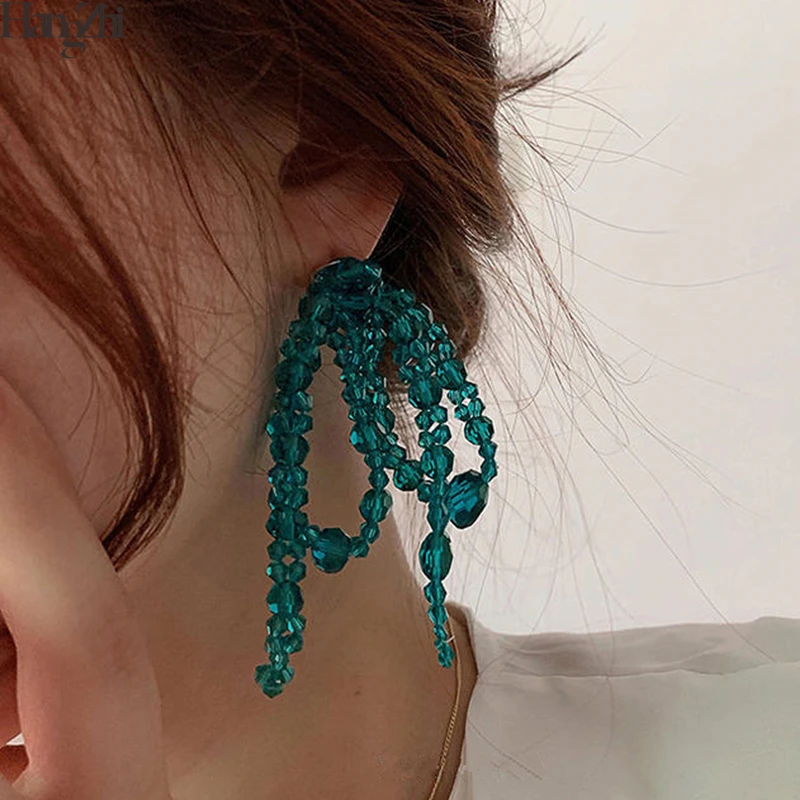 HangZhi 2020 New Colorful Transparent Crystal Beads Flower Bowknot Exaggerated Long Tassel Earrings for Women Girls Jewelry | Украшения и