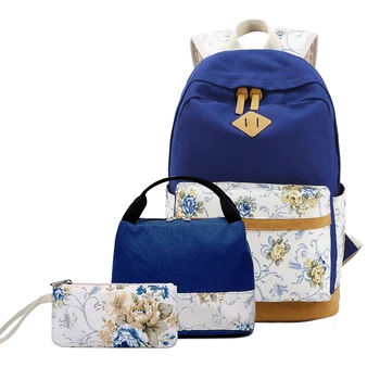 

Women Backpack Floral Canvas Printing Bagpack Schoolbag Teenager Girl Rucksack for Lunch Box Korean Wind Sac A Dos 3pcs/set Bag
