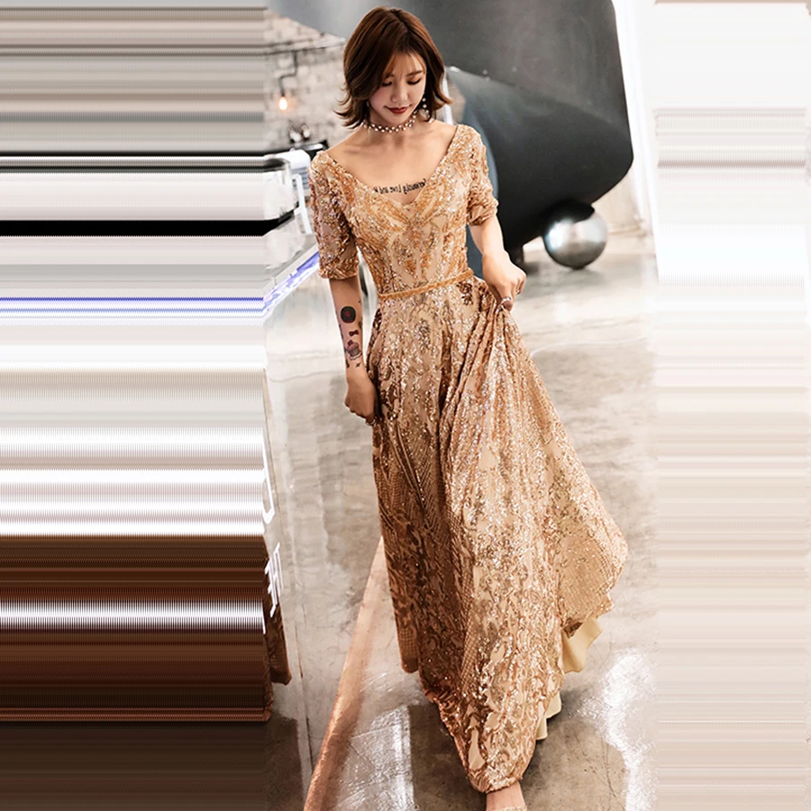 Evening Dress V-neck Lace Up Woman Long Dresses Half-sleeve Floor Length Robe De Soiree Sequin Elegant Evening Gown E402