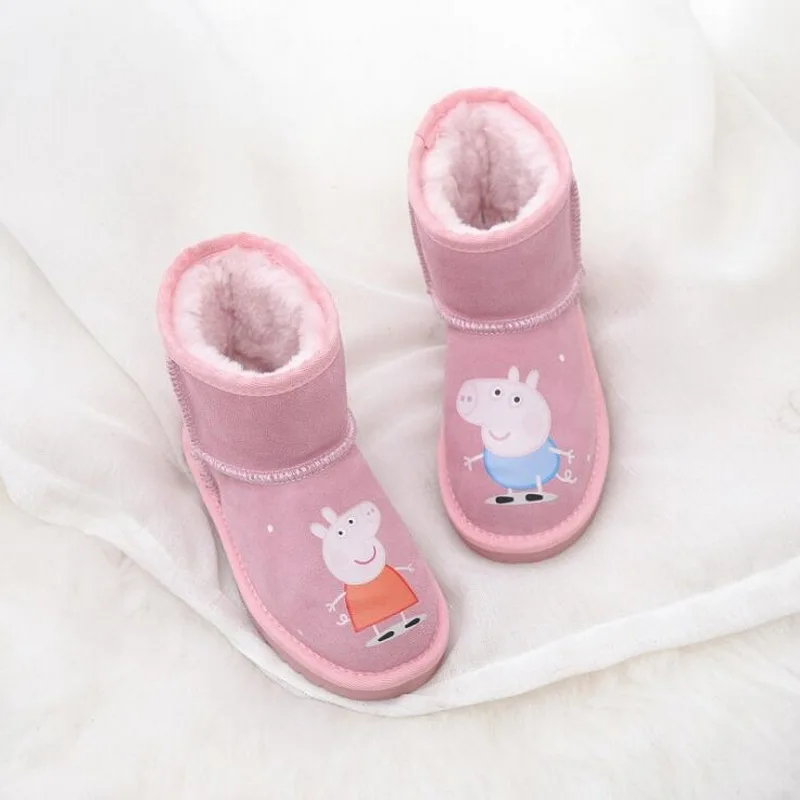 Pink Pig Кожаные зимние сапоги для маленьких девочек; зимние теплые Нескользящие ботинки для маленьких мальчиков; обувь для маленьких детей; ботинки для маленьких принцесс Эльзы и Анны - Цвет: Pink Pig