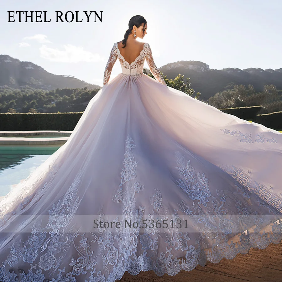 ETHEL ROLYN Sexy V-neckline Backless Romantic Princess Wedding Dress Long Sleeve Beaded Appliques Wedding Gowns Robe De Mariee