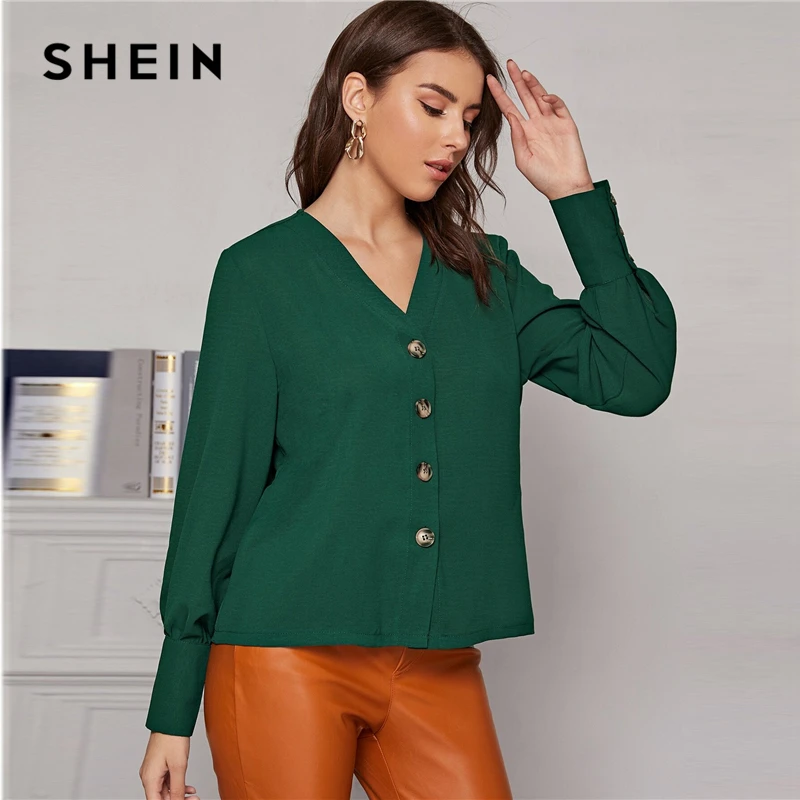 SHEIN белая однотонная блуза с длинным рукавом и пуговицами спереди, женские топы, офисные женские весенние элегантные шифоновые блузки с v-образным вырезом